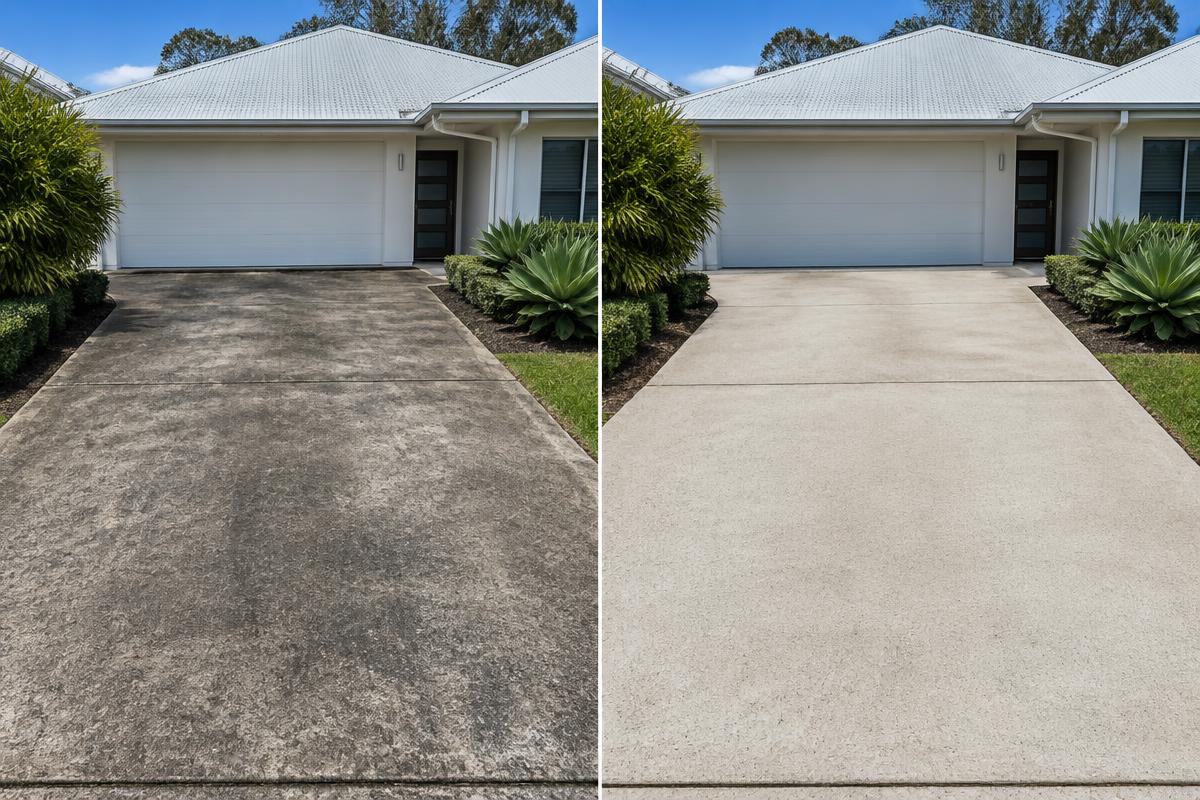 Illustrative comparison of a mould-stained driveway before and after pressure cleaning